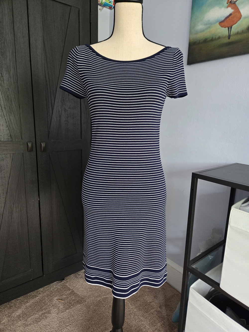 Luisa Spagnoli Navy/White Striped Short Sleeve Knit Dress Small Nautical Resort